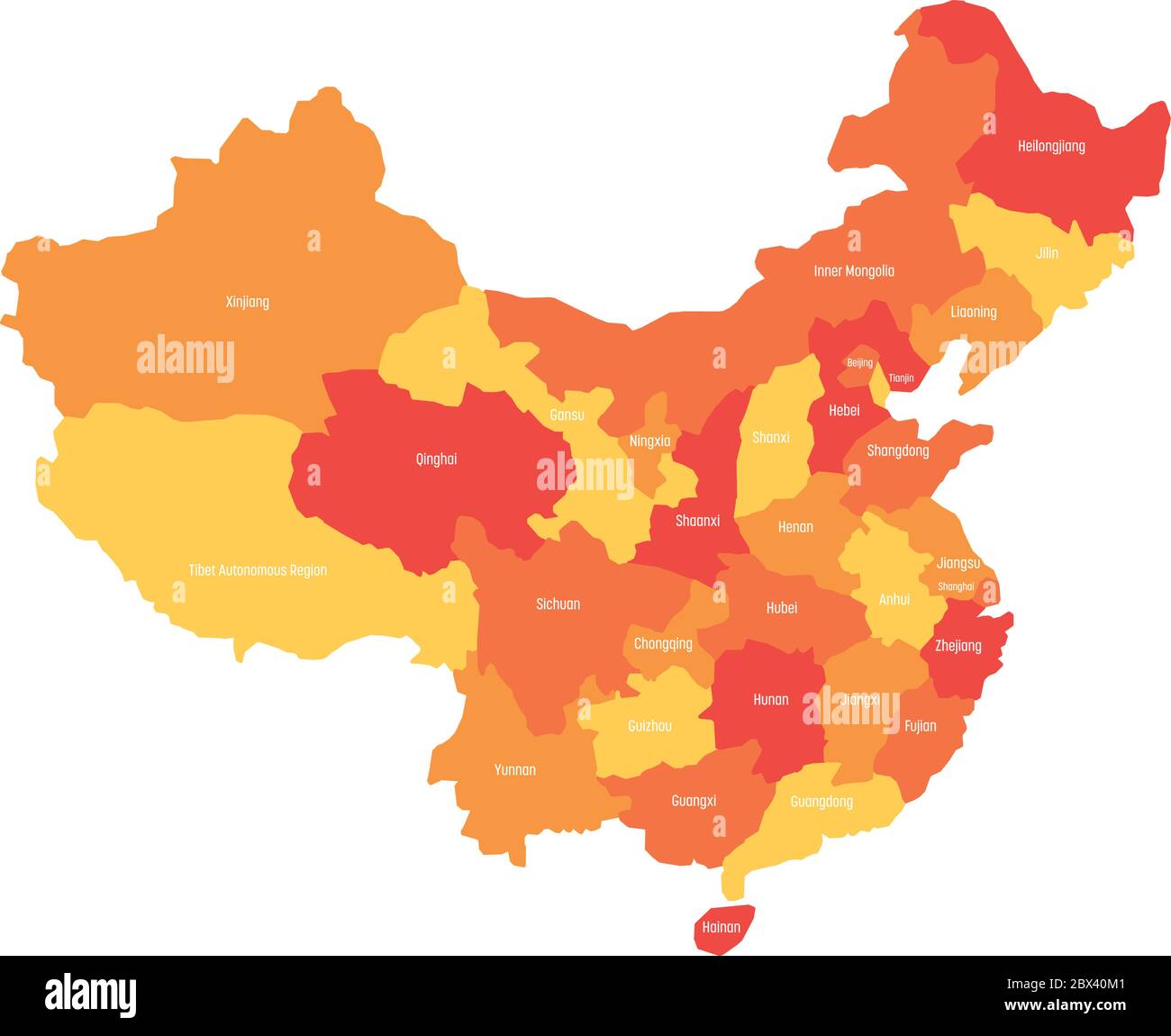 Regionale Karte der Verwaltungsprovinzen von China. Vier Schattierungen von Orange mit weißen Etiketten auf weißem Hintergrund. Vektorgrafik. Stock Vektor