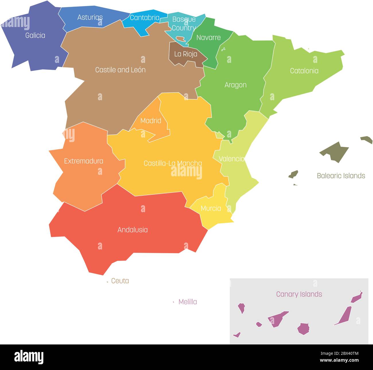 Politische Spaltungen Spaniens. Karte der regionalen Landesverwaltungsbereiche. Farbenfrohe Vektorgrafik. Stock Vektor