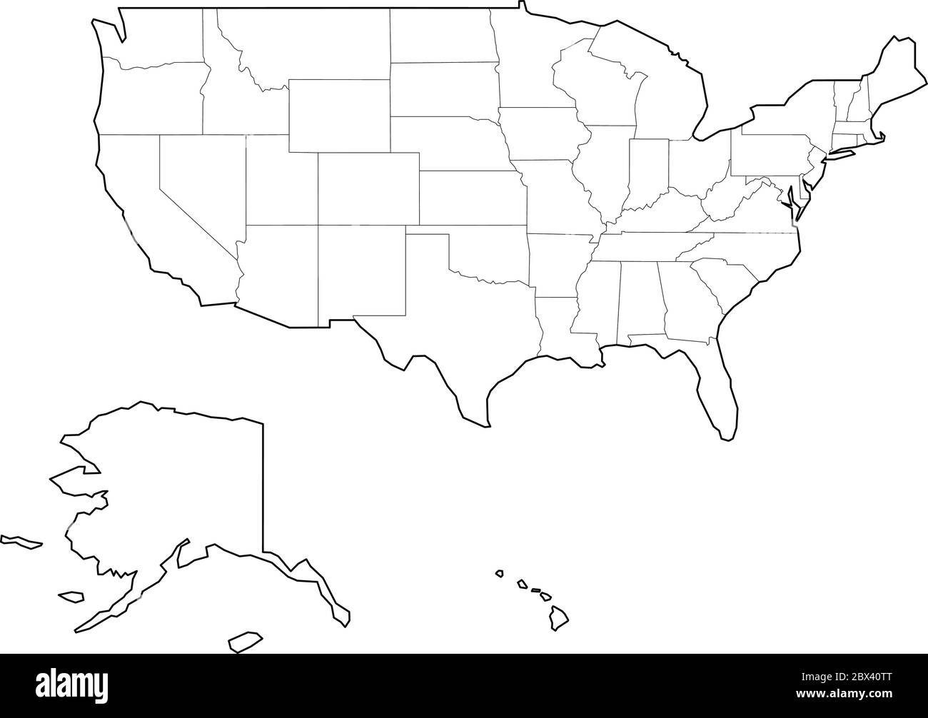 Leere schwarze Vektor-Übersichtskarte der USA, Vereinigte Staaten von Amerika. Stock Vektor