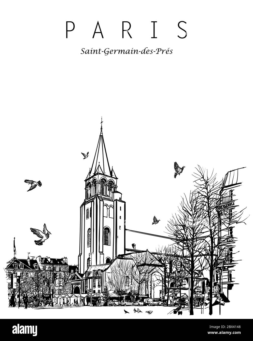 Paris, France - Alte Kirche von Saint Germain des Pres - Vektorgrafik (ideal für den Druck auf Stoff oder Papier, Poster oder Tapete, Haus Deko Stock Vektor