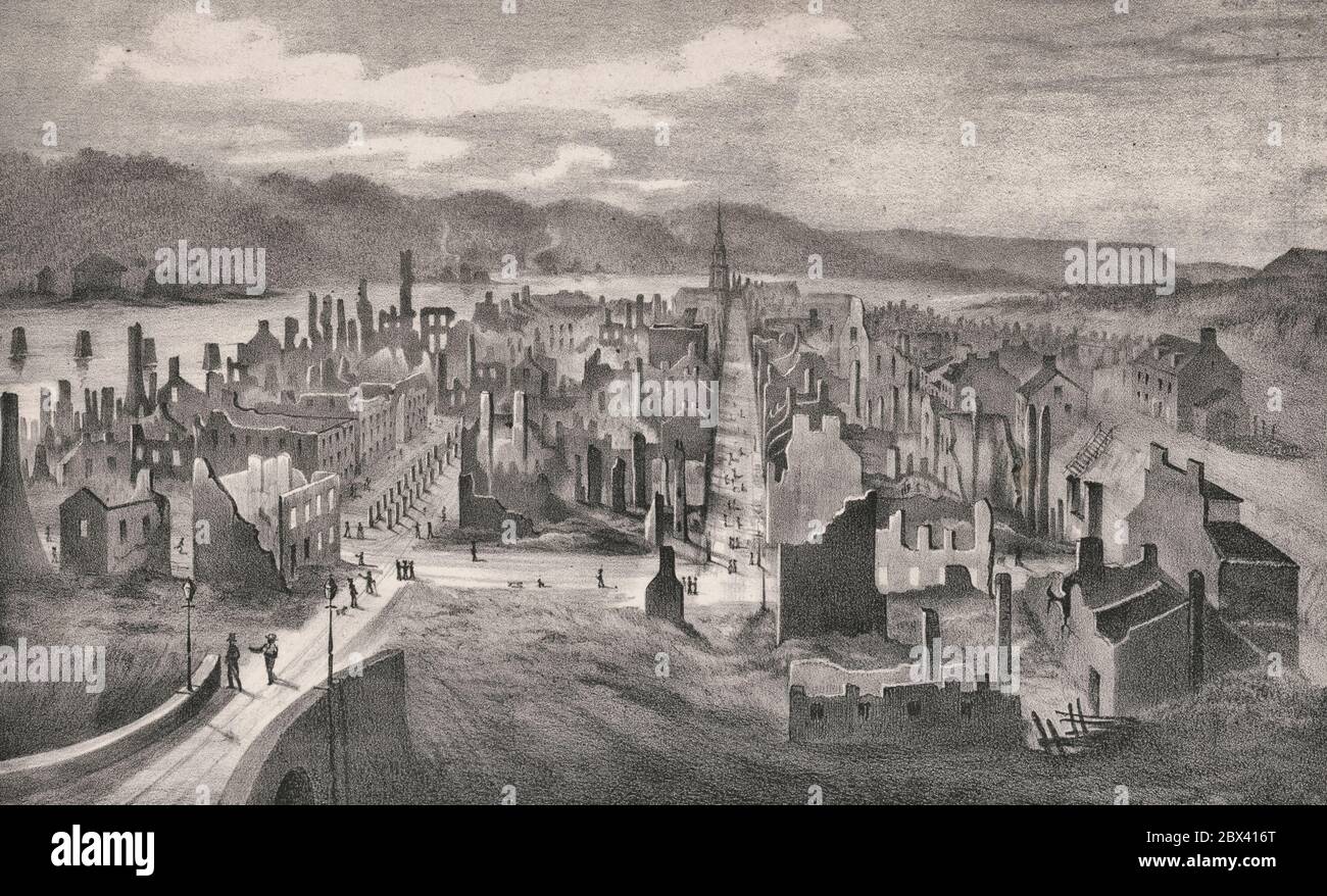 Blick auf die Ruinen der Stadt Pittsburgh von Boyd's Hill nach dem Brand 1845 Stockfoto