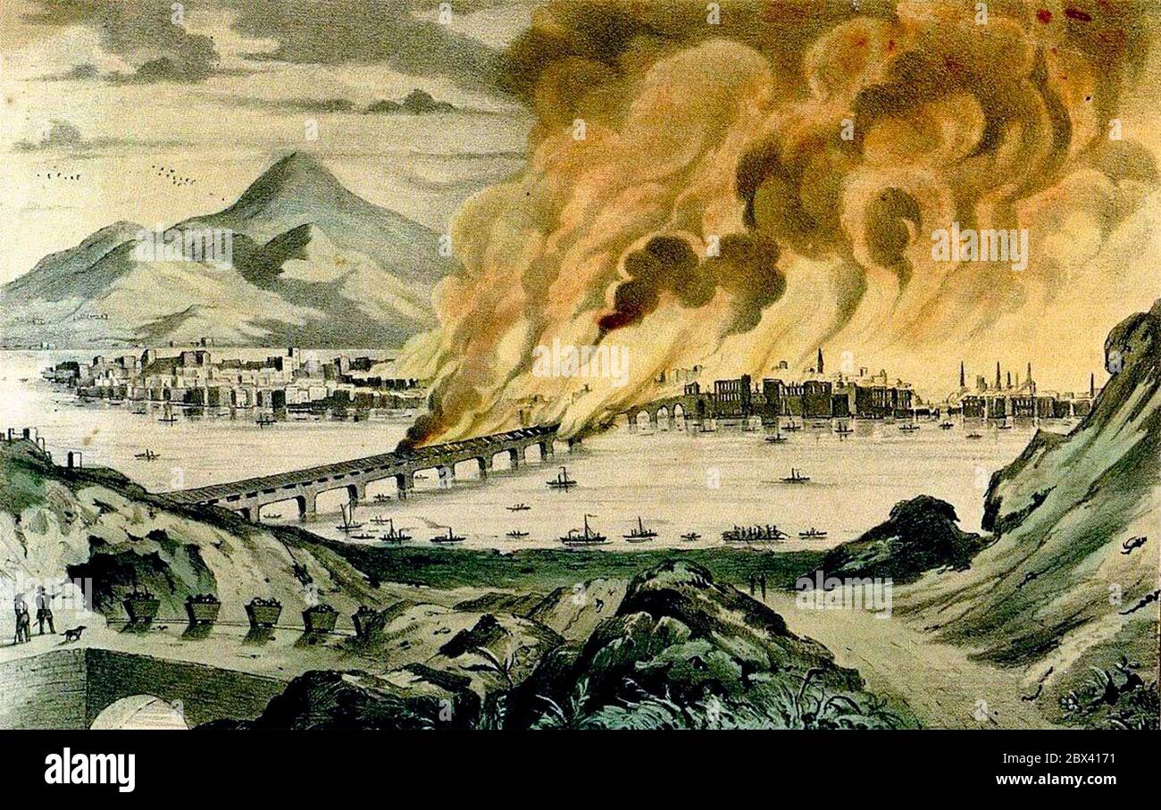 Großer Brand in Pittsburgh, Pennsylvania - 1845 James Baillie gedruckt Stockfoto