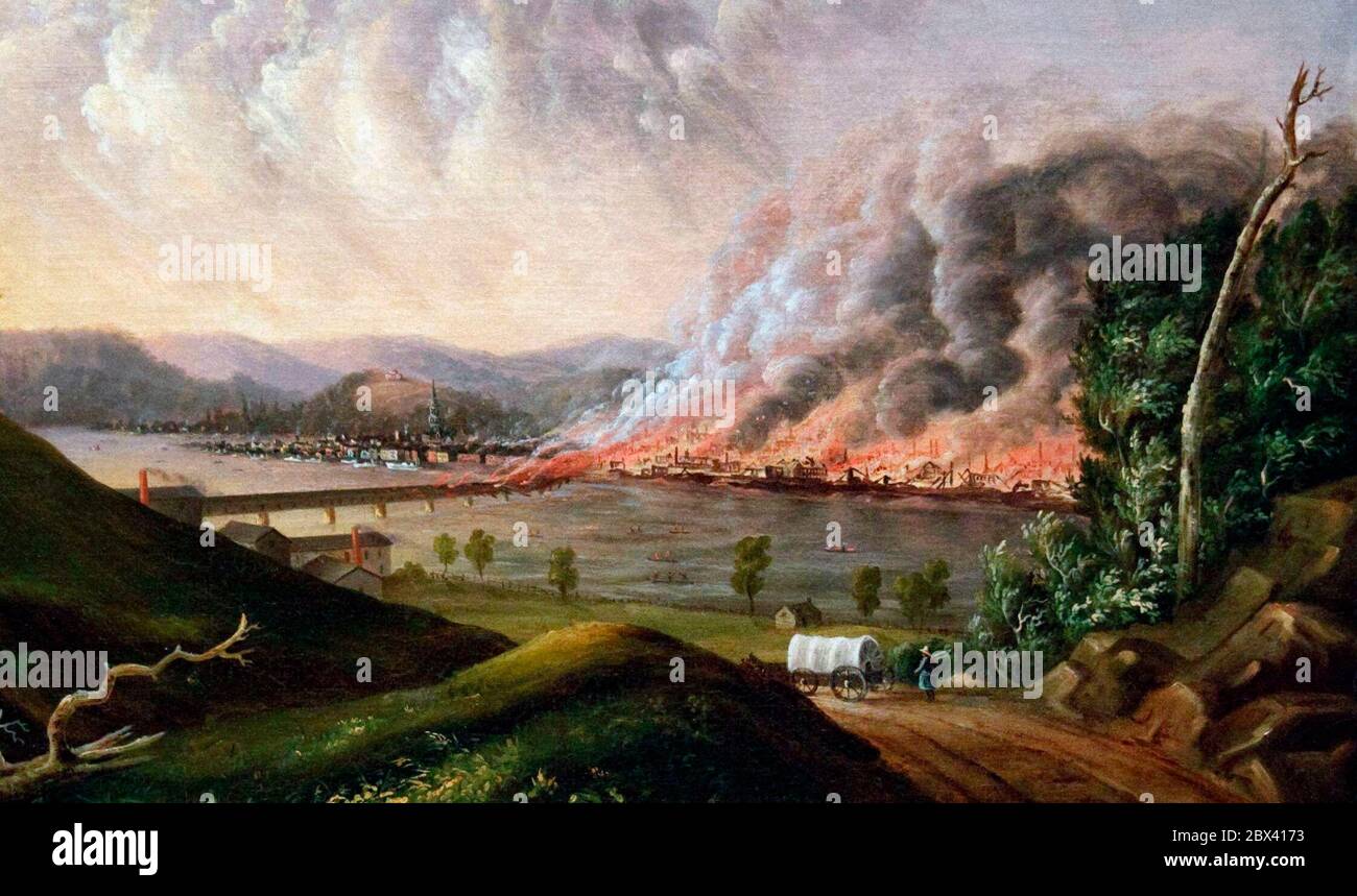 Blick auf das große Feuer von Pittsburgh 1846 - William Coventry Wall Stockfoto