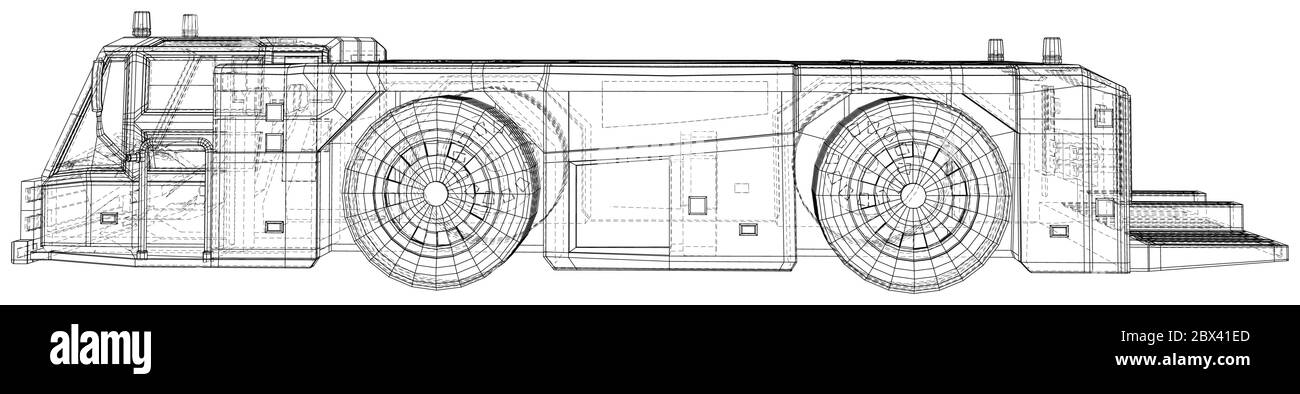 Flugzeug Abschleppwagen. Drahtrahmen. Schlepper Fahrzeug Vektor Illustration Transport im Flughafen. Die Schichten von sichtbaren und unsichtbaren Linien werden getrennt. EPS1 Stock Vektor