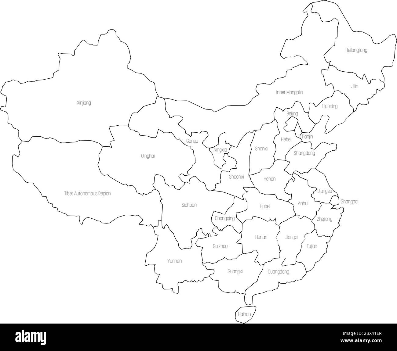 Regionale Karte der Verwaltungsprovinzen von China. Dünne schwarze Umrandung auf weißem Hintergrund. Vektorgrafik. Stock Vektor