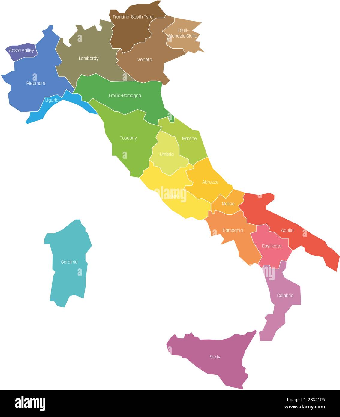 Regionen Italiens. Karte der regionalen Landesverwaltungsbereiche. Farbenfrohe Vektorgrafik. Stock Vektor