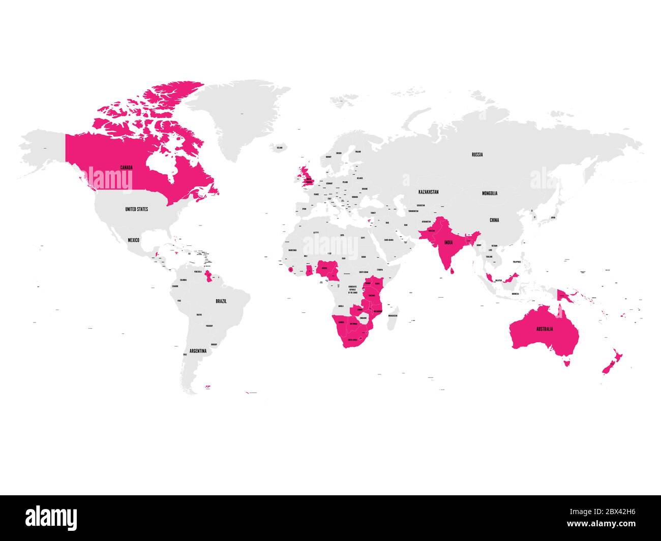 Die Mitgliedstaaten des British Commonwealth sind auf der Weltkarte rosa hervorgehoben. Vektorgrafik. Stock Vektor