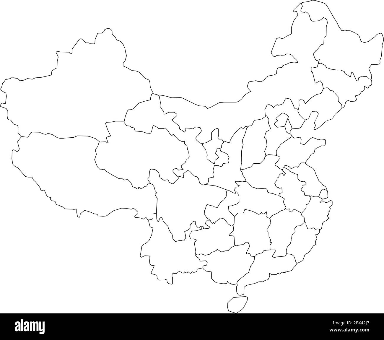 Regionale Karte der Verwaltungsprovinzen von China. Dünne schwarze Umrandung auf weißem Hintergrund. Vektorgrafik. Stock Vektor