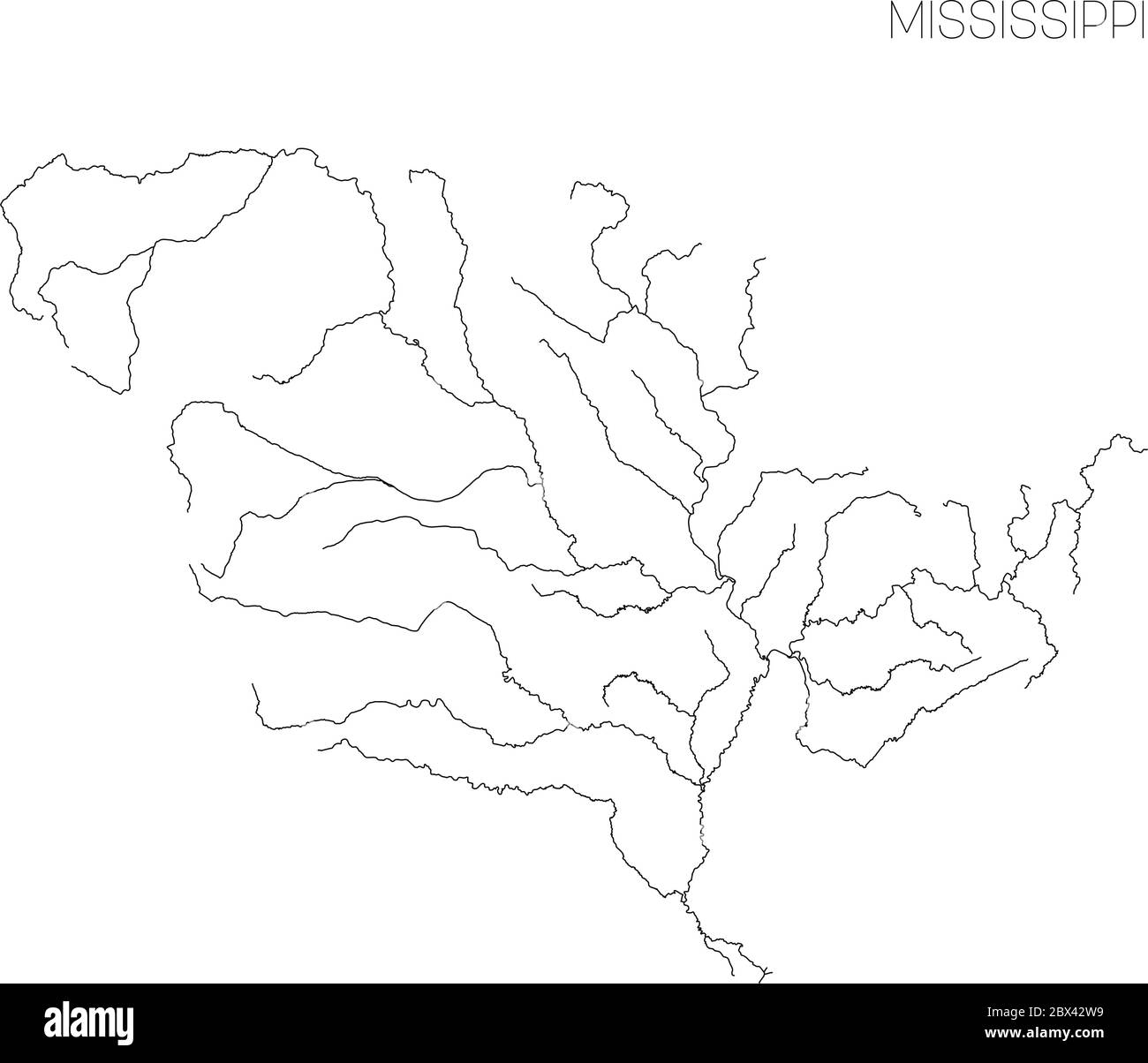 Karte des Mississippi Flusseinzugsgebiets. Einfache schlanke Kontur Vektor-Illustration. Stock Vektor