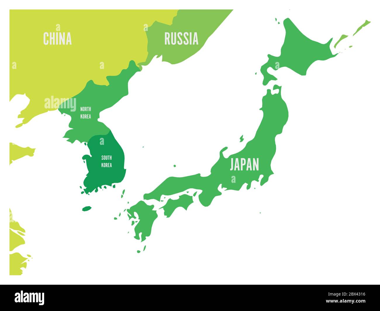 Politische Karte der koreanischen und japanischen Region, Südkorea, Nordkorea und Japan. Grüne Karte mit weißer Beschriftung auf weißem Hintergrund. Vektorgrafik. Stock Vektor