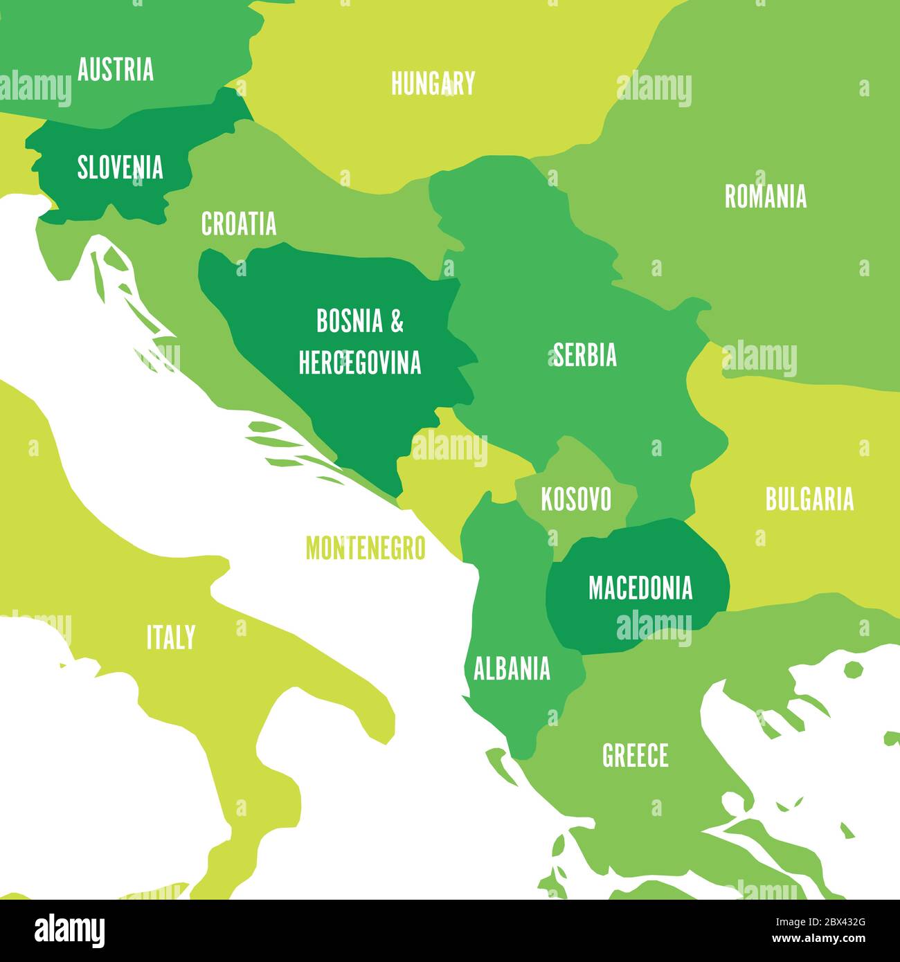 Politische Karte des Balkans - Staaten der Balkanhalbinsel. Vier Schattierungen von grünen Vektor-Illustration. Stock Vektor