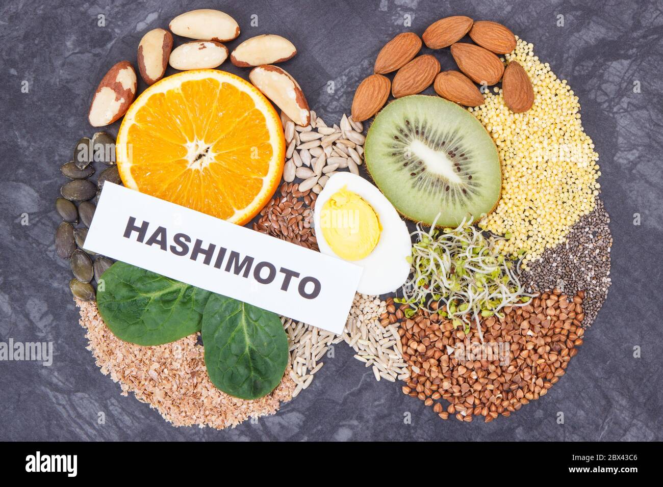 Inschrift hashimoto mit nahrhaften natürlichen Zutaten, Obst und Gemüse in  Form von Schilddrüse. Gesunde Lebensmittel mit Vitaminen und Mineralstoffen  Stockfotografie - Alamy