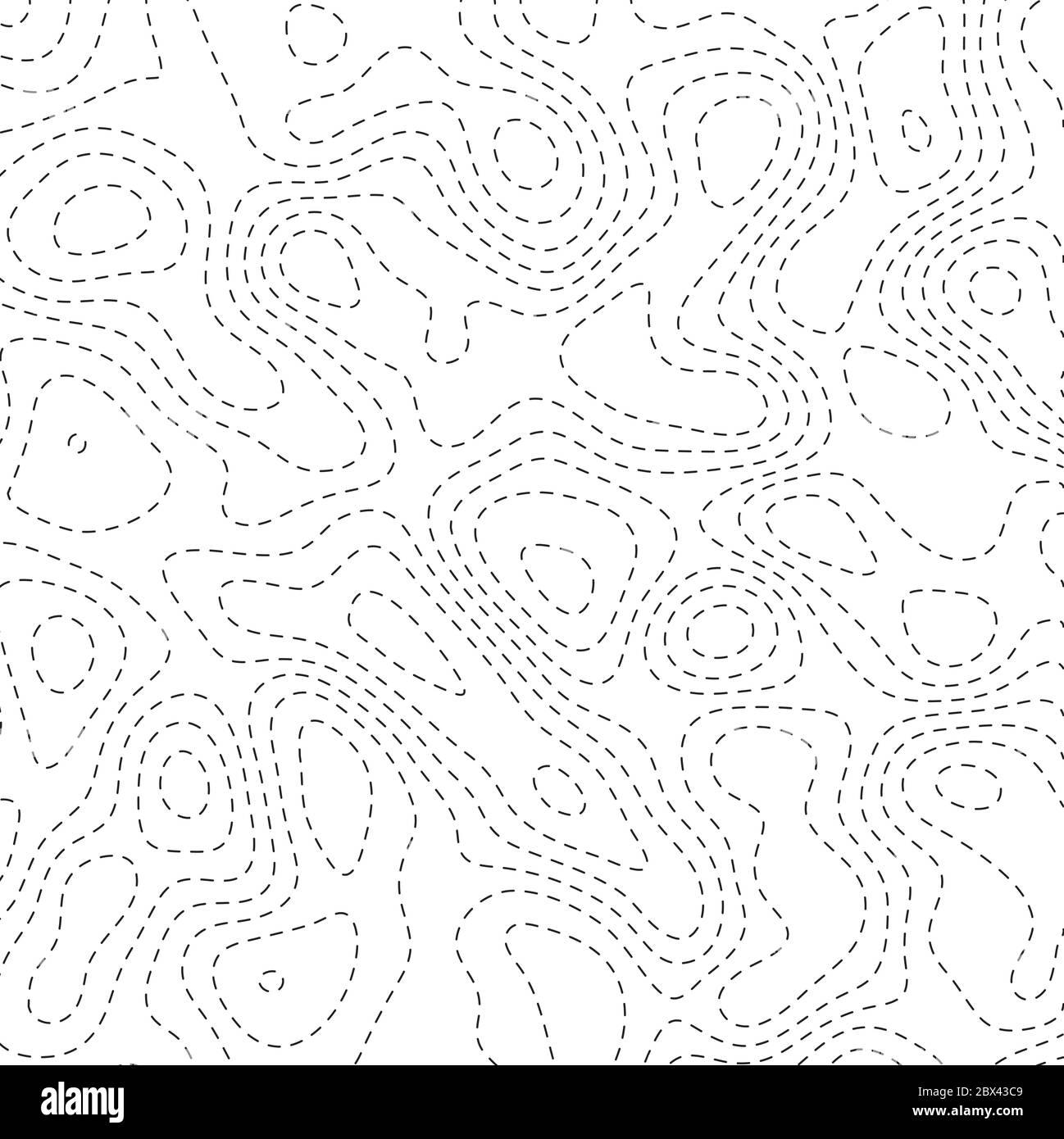 Abstrakte topoghrapische Karte. Dünne schwarze gestrichelte Konturlinien auf weißem Hintergrund. Vektorgrafik. Stock Vektor