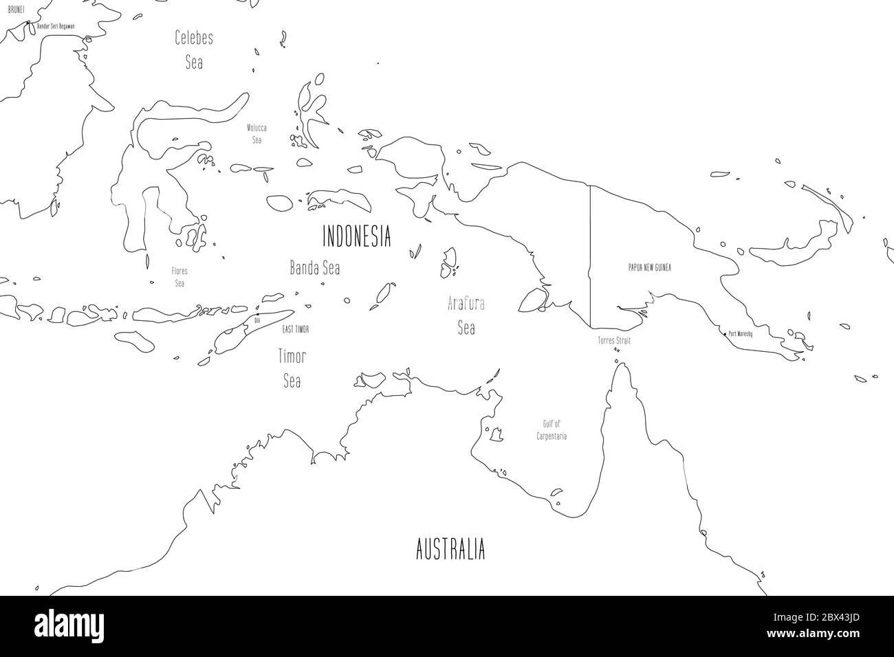 Karte der Kleinen Sundainseln und der Insel Neuguinea. Handgezeichneter Doodle-Stil. Vektorgrafik. Stock Vektor