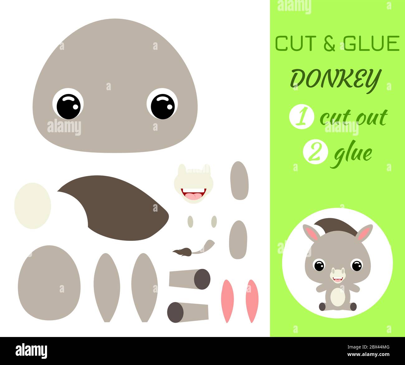Schneiden und kleben Baby sitzenden Esel. Farbe Papier Anwendung Spiel. Pädagogisches Papier Spiel für Kinder im Vorschulalter. Haustiere. Zeichentrickfigur. Fla Stock Vektor