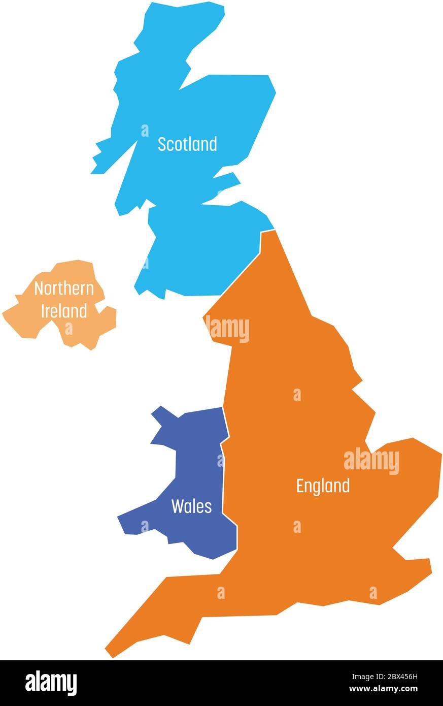 Großbritannien, Großbritannien, Großbritannien und Nordirland Karte. Aufgeteilt in vier Länder - England, Wales, Schottland und NI. Einfache flache Vektorgrafik. Stock Vektor