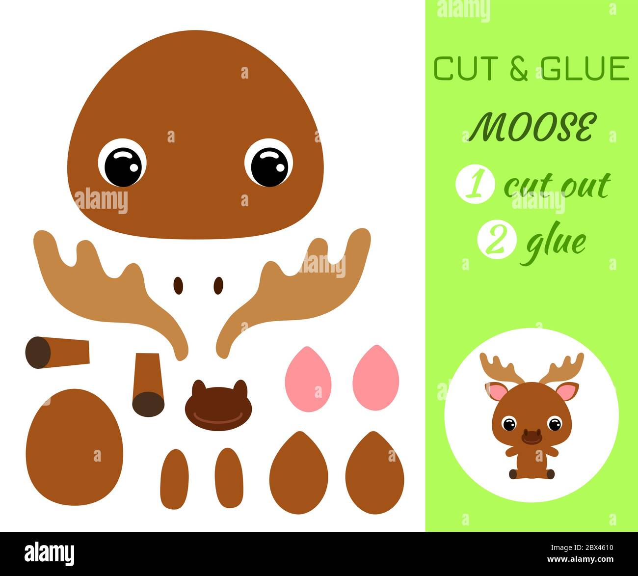 Baby sitzende Elche schneiden und kleben. Farbe Papier Anwendung Spiel. Pädagogisches Papier Spiel für Kinder im Vorschulalter. Waldtier. Zeichentrickfigur. Flach V Stock Vektor