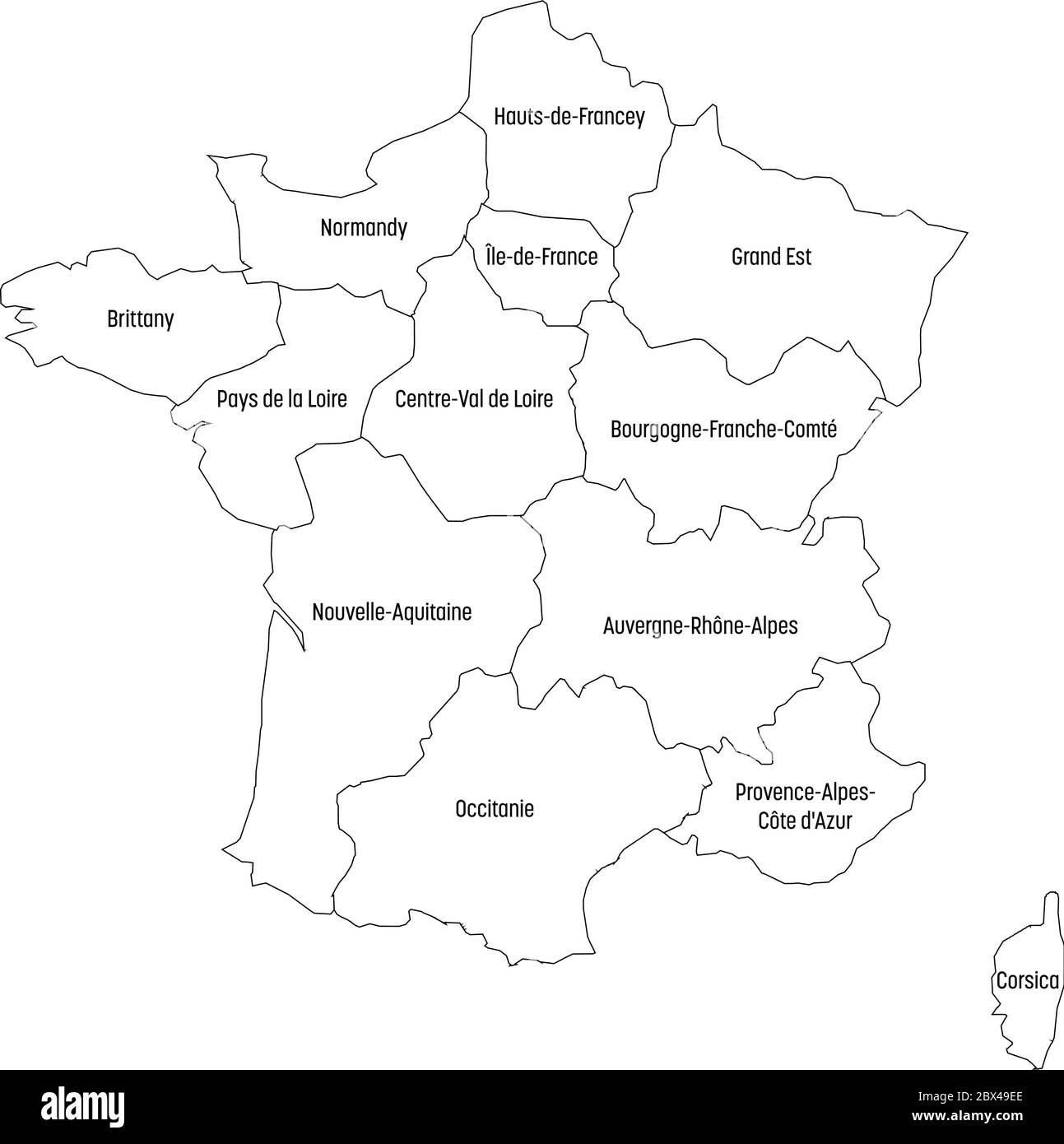 Übersichtskarte von Frankreich in 13 administrative Metropolregionen, seit 2016 geteilt. Vier Grüntöne. Vektorgrafik. Stock Vektor