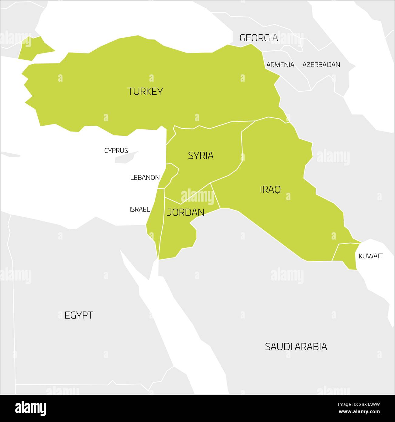 Karte des Nahen Ostens oder des Nahen Ostens transkontinentale Region mit grün hervorgehoben Türkei, Syrien, Irak, Jordanien, Libanon und Israel. Flache Karte mit dünnen weißen Statusgrenzen. Stock Vektor