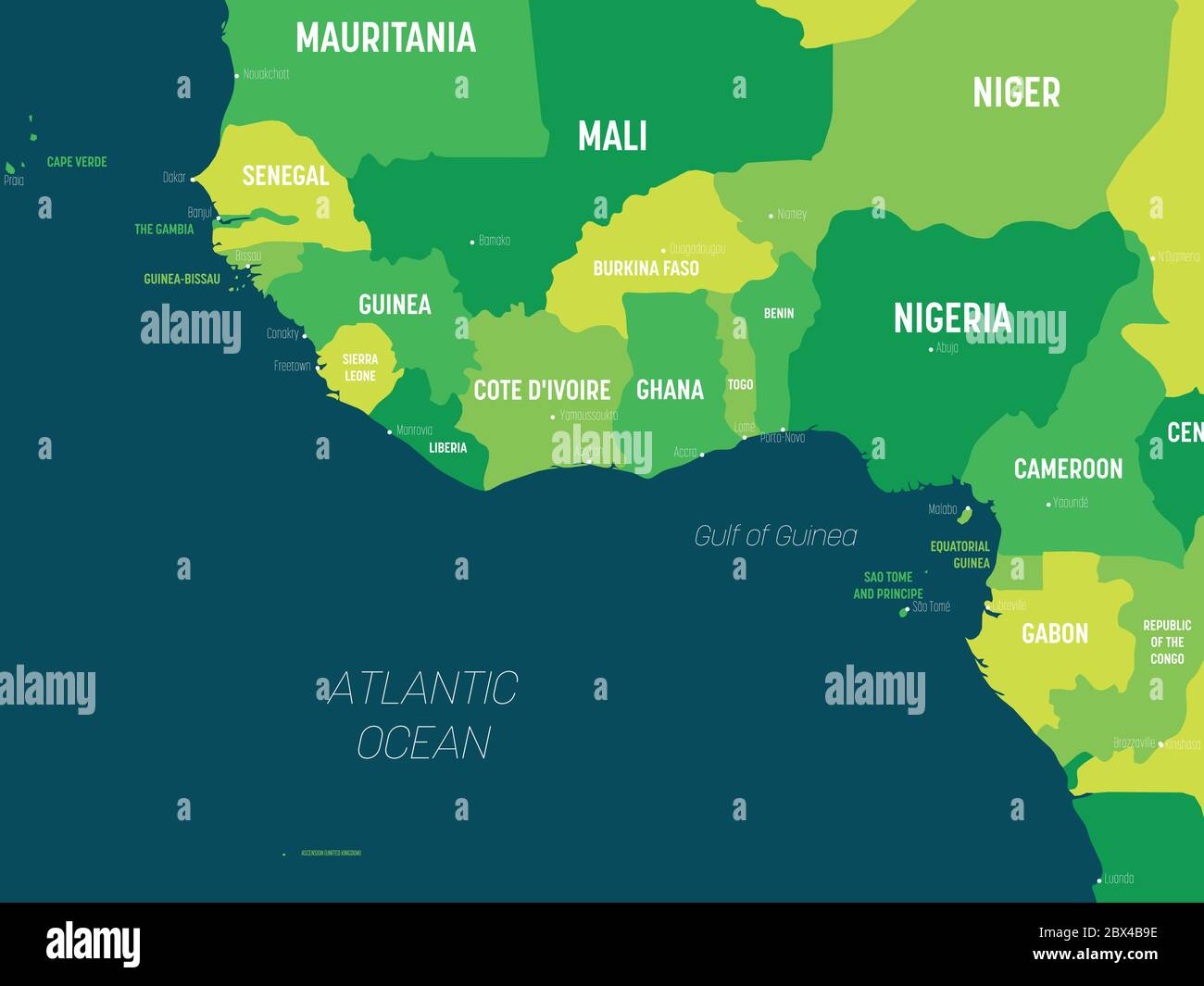 Westafrika Karte - Grüntöne auf dunklem Hintergrund. Detaillierte politische Karte des westlichen afrikas und der Bucht von Guinea mit Land-, Kapital-, Meer- und Meeresnamen. Stock Vektor