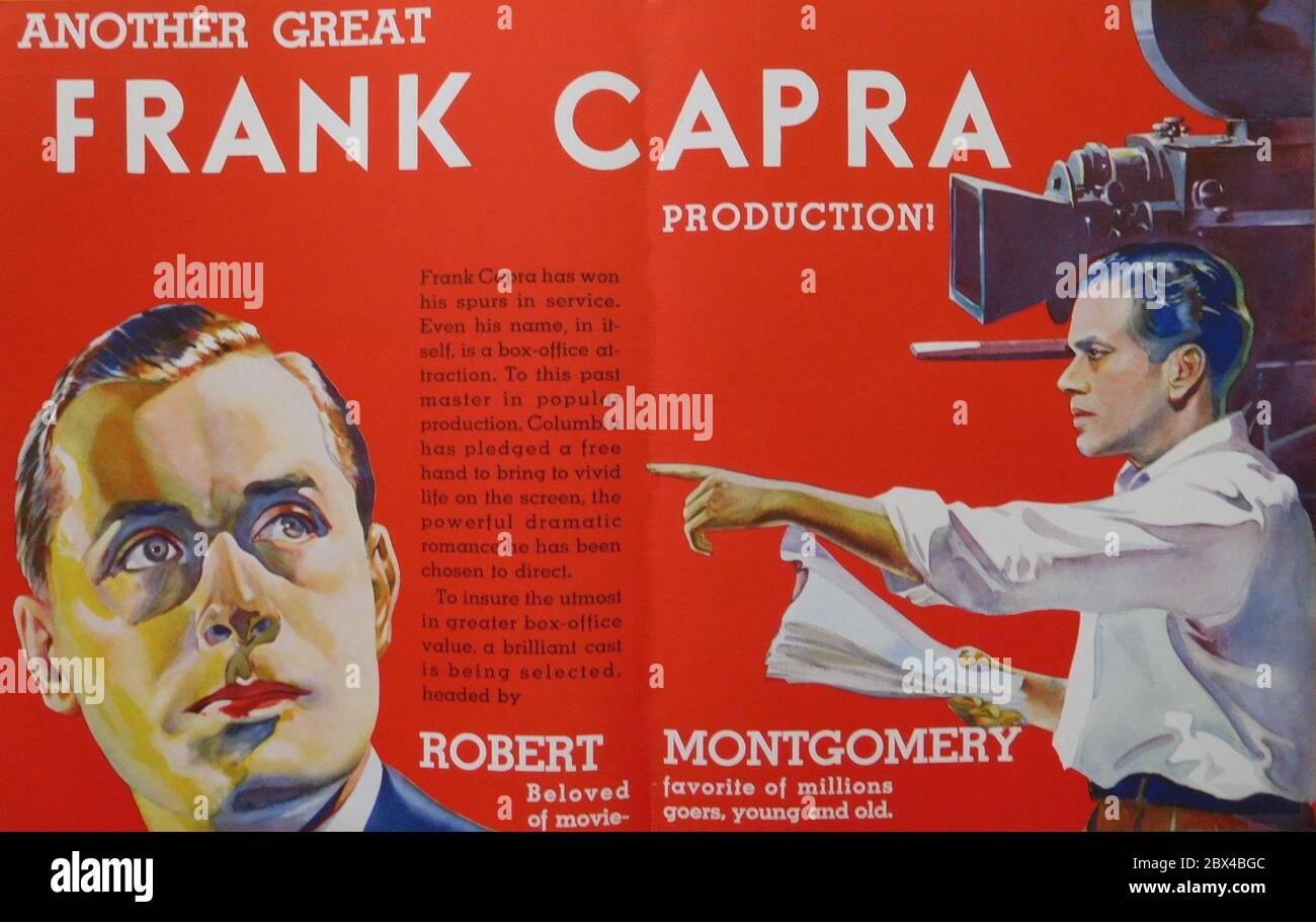 ROBERT MONTGOMERY in another Great Frank Capra Production Promotional Artwork from Columbia Pictures 1933 - 34 Kampagnenbuch für IT HAPPENED ONE NIGHT 1934 Regisseur FRANK CAPRA Drehbuch ROBERT RISKIN Kurzgeschichte Samuel Hopkins Adams Columbia Pictures Stockfoto