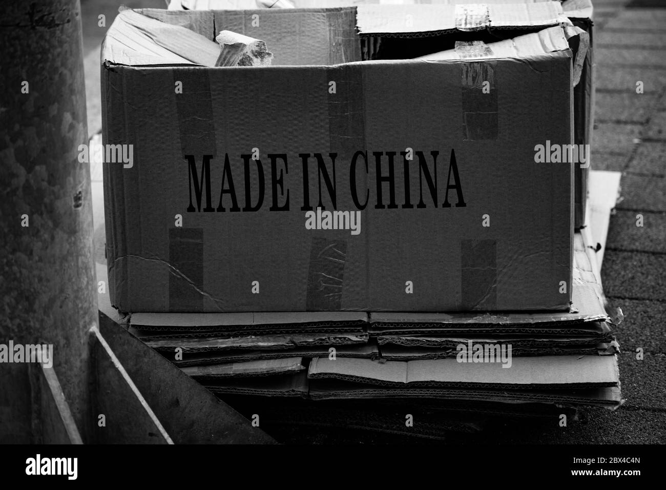 Hergestellt in China, gedruckt auf einem ausrangierten Karton. Stockfoto