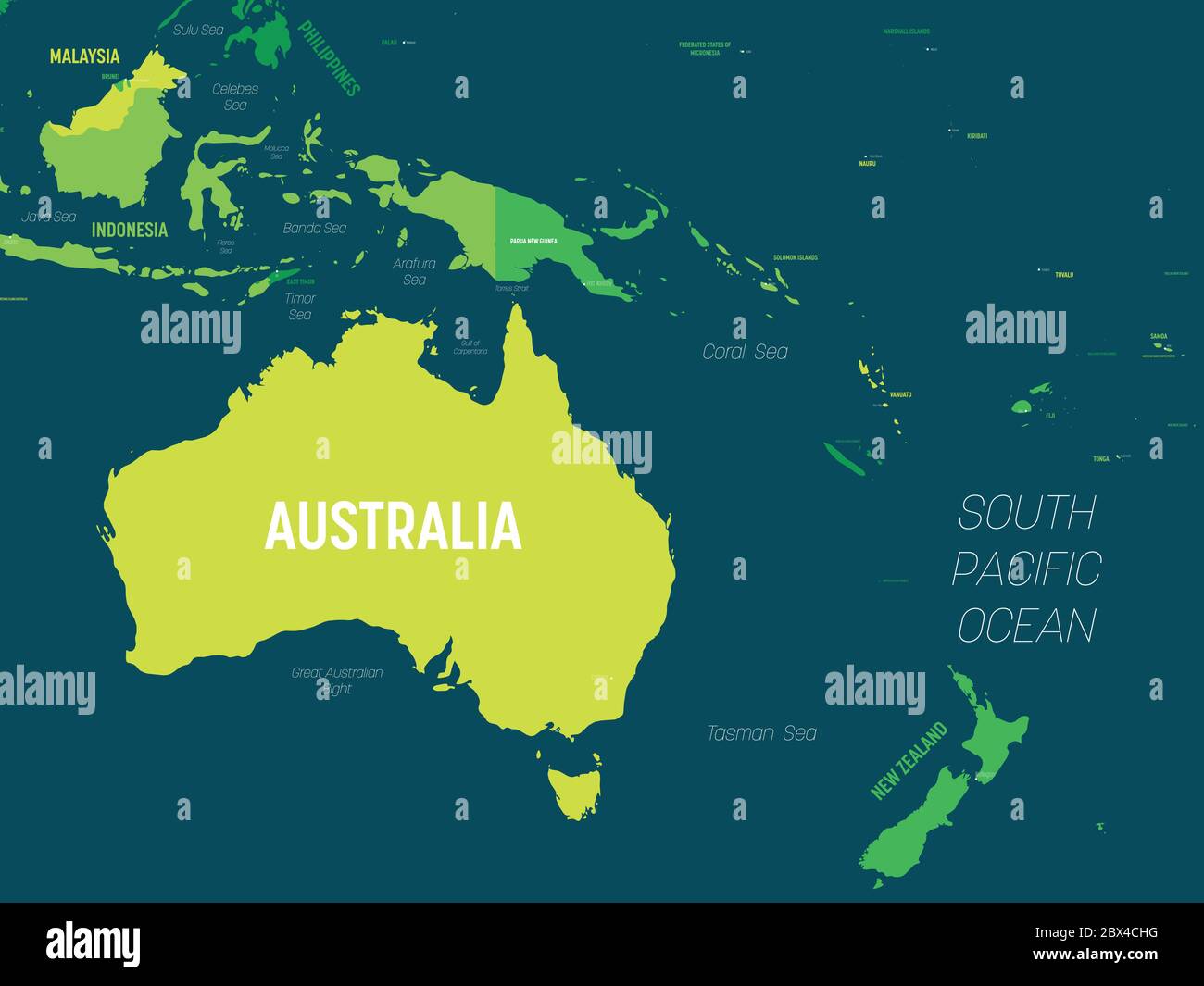 Australien und Ozeanien Karte - Grüntöne auf dunklem Hintergrund. Detaillierte politische Karte der australischen und pazifischen Region mit Land-, Kapital-, Meer- und Meeresnamen. Stock Vektor