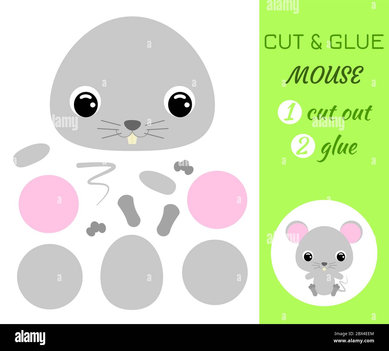 Schneiden und kleben Baby sitzende Maus. Farbe Papier Anwendung Spiel. Pädagogisches Papier Spiel für Kinder im Vorschulalter. Zeichentrickfigur. Flacher Vektorstock Abb. Stock Vektor