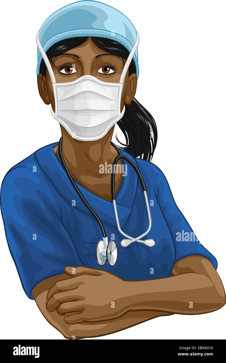Arzt oder Krankenschwester Frau in medizinischen Scrubs und PSA Stock Vektor