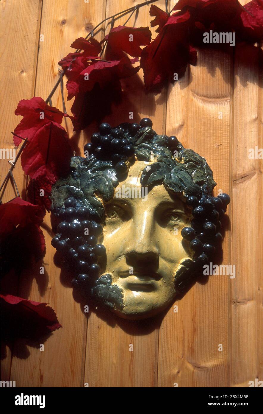 Porträt von Bacchus auf einer Holztür in einem Keller. Frankreich Stockfoto