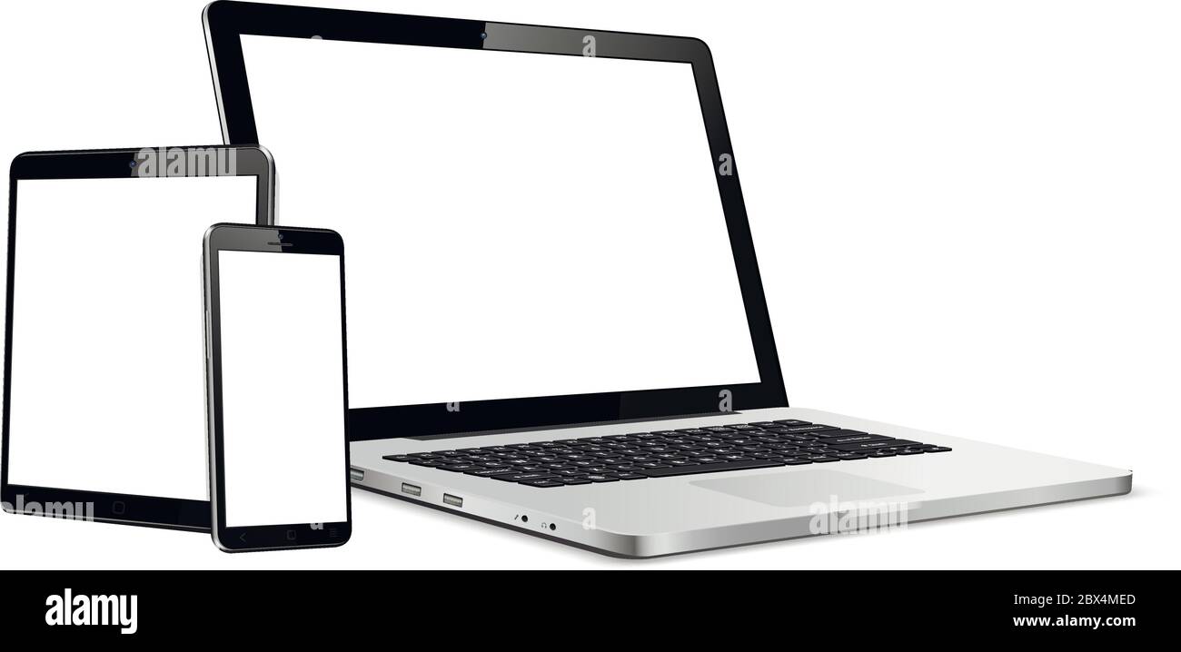 Notebook, Tablet, Handy-Modell. Vektorgrafik für responsive Webdesign. Stock Vektor