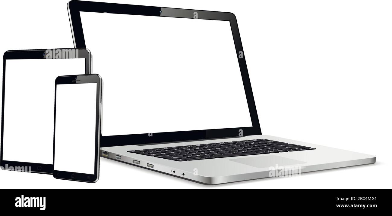 Notebook, Tablet, Handy-Modell. Vektorgrafik für responsive Webdesign. Stock Vektor