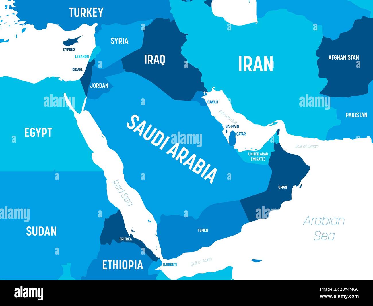 Karte des Nahen Ostens - grüner Farbton auf dunklem Hintergrund. Detaillierte politische Karte des Nahen Ostens und der arabischen Halbinsel mit Land-, Kapital-, Ozean- und Meeresnamen. Stock Vektor