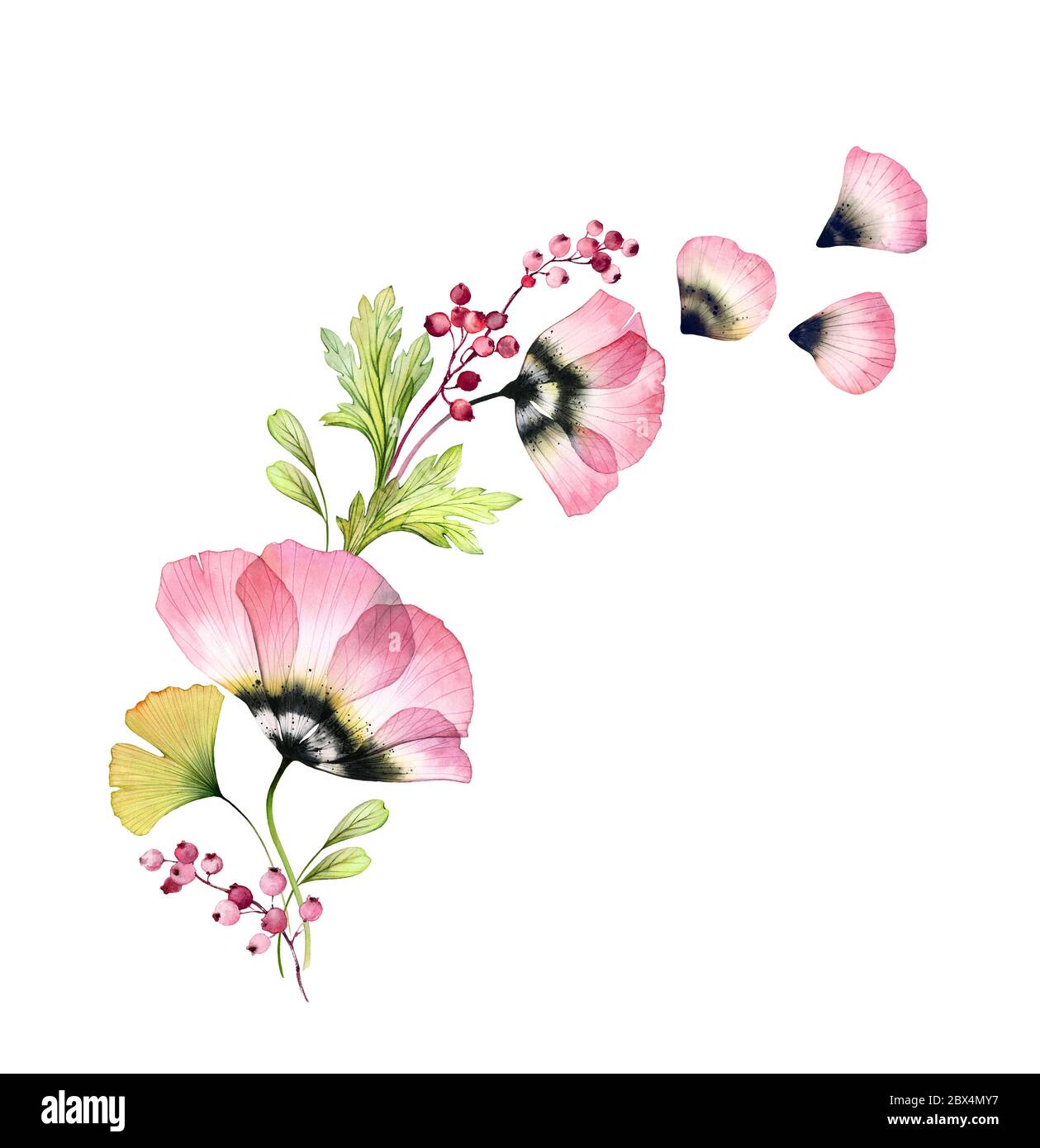 Wasserfarbenes Blumenbanner. Große rosa Tulpenblüte mit Ginkgo-Blättern und Beeren. Handgemalte Kunstwerke mit Röntgenblume. Botanische Illustration für Stockfoto