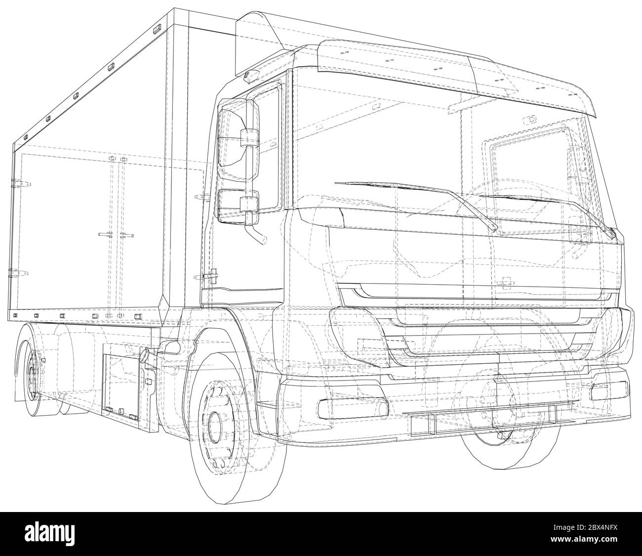 Transporter für kommerzielle Zwecke. LKW-Fahrzeug. Drahtrahmen. Die Schichten von sichtbaren und unsichtbaren Linien werden getrennt. EPS10-Format. Stock Vektor