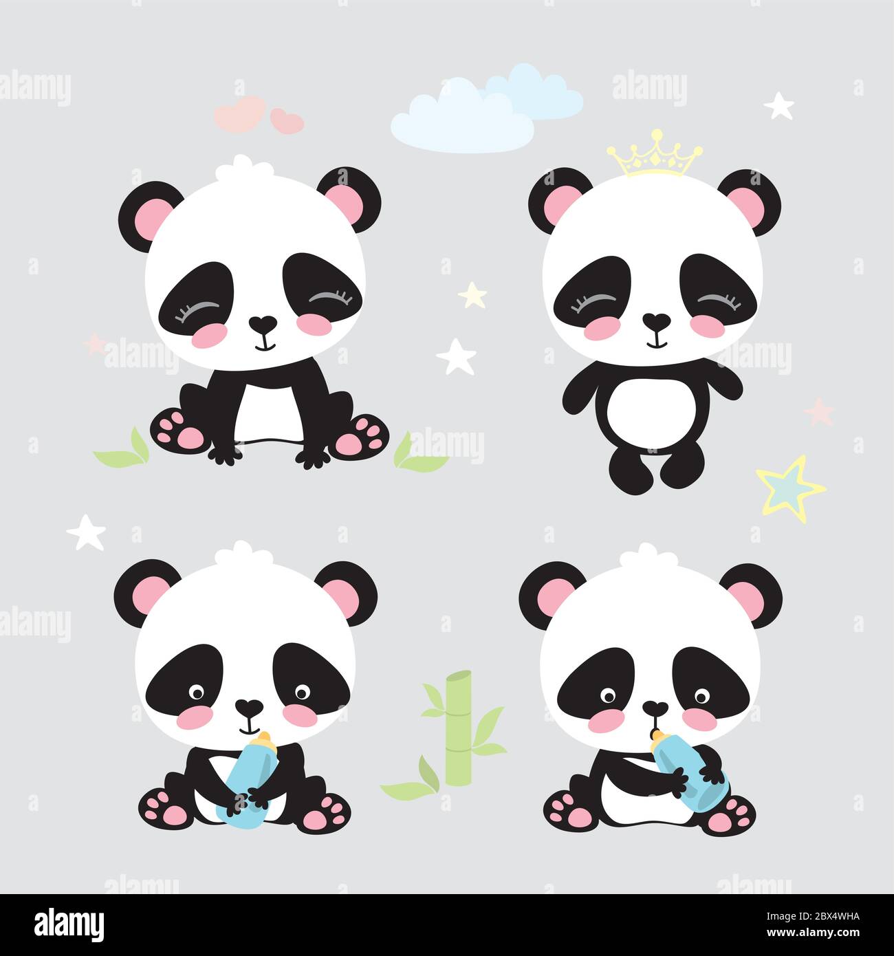 Vier niedliche Pandas in verschiedenen Posen, lustige Cartoon Vektor Illustration Stock Vektor