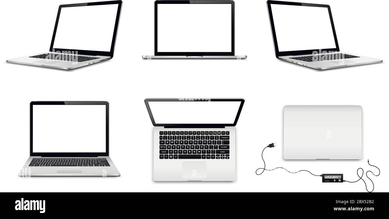 Eingestellt von Laptops in verschiedenen Positionen. Laptop mit leeren Bildschirm auf weißem Hintergrund. Vector Illustration. Stock Vektor