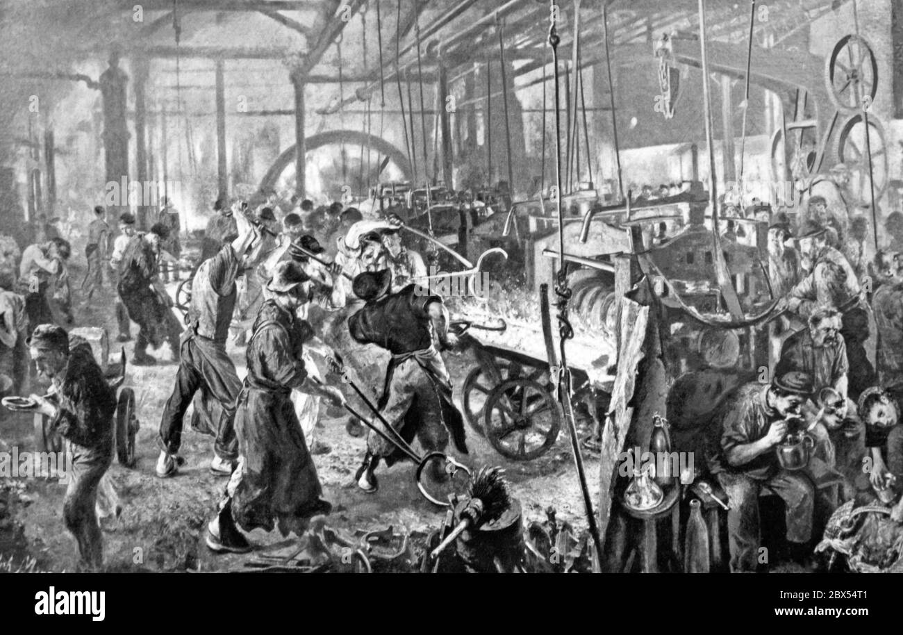 Das Gemälde "Eisenwalzwerk" zeigt eine Fabrik für Eisenbahnschienen in Königshaus/Oberschlesien. Stockfoto