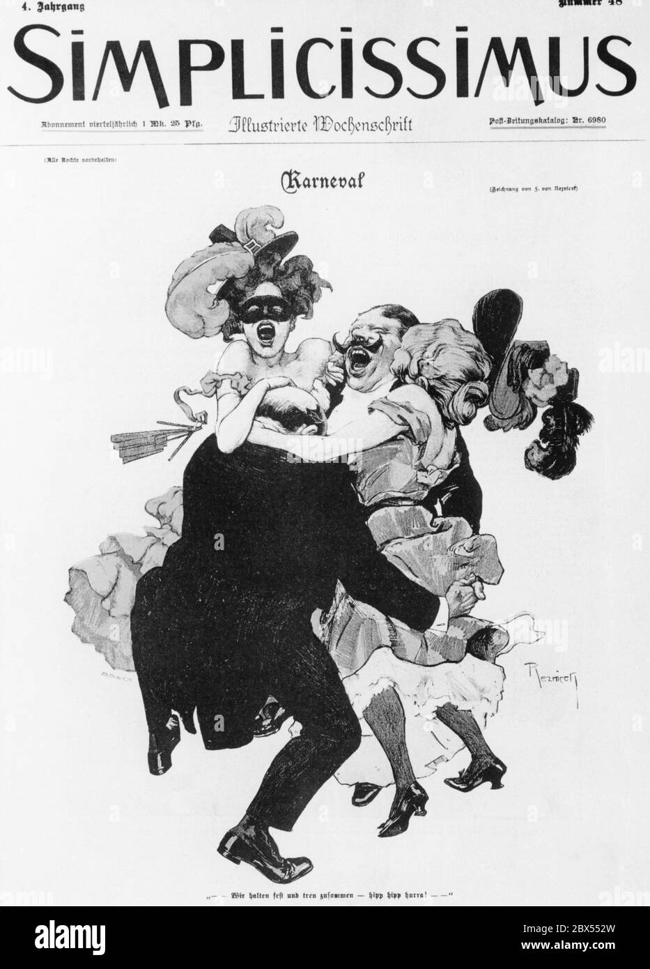 Die Titelseite von Simplicissimus (4. Jahr, Nr. 48), veröffentlicht am 24. Februar 1900. Die Karikatur von Ferdinand Freiherr von Reznicek zeigt verflochtenen Teilnehmern des Münchner Karnevals. Die Überschrift lautet: ' -- Wir halten fest und treu zusammen - Hüfthufthufthummel! -- ' Stockfoto