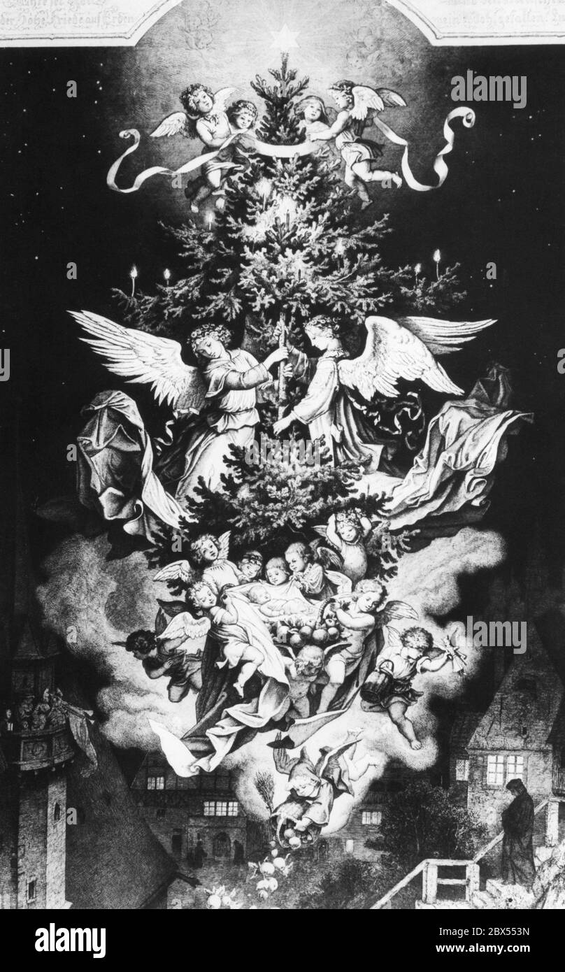 Das Bild zeigt die "Christnacht", eine Radierung des Malers und Zeichners Ludwig Richter, die 1854 in Dresden veröffentlicht wurde. Es zeigt einen von Engeln umgebenen Weihnachtsbaum, unter dem das Christkind liegt. Stockfoto