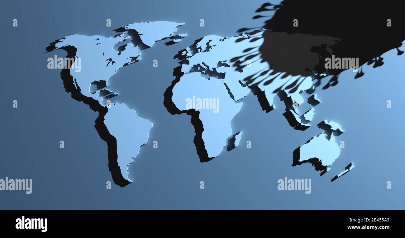 Schatten von covid-19 auf der Welt 3D Rendering blauen Hintergrund Stockfoto