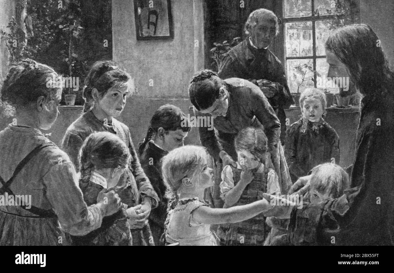 Detail des Werkes 'Lasset die Kindlein zu mir komme' des Malers Fritz von Uhde. Jesus grüßt die Kinder und nimmt sie in seine Arme. Stockfoto