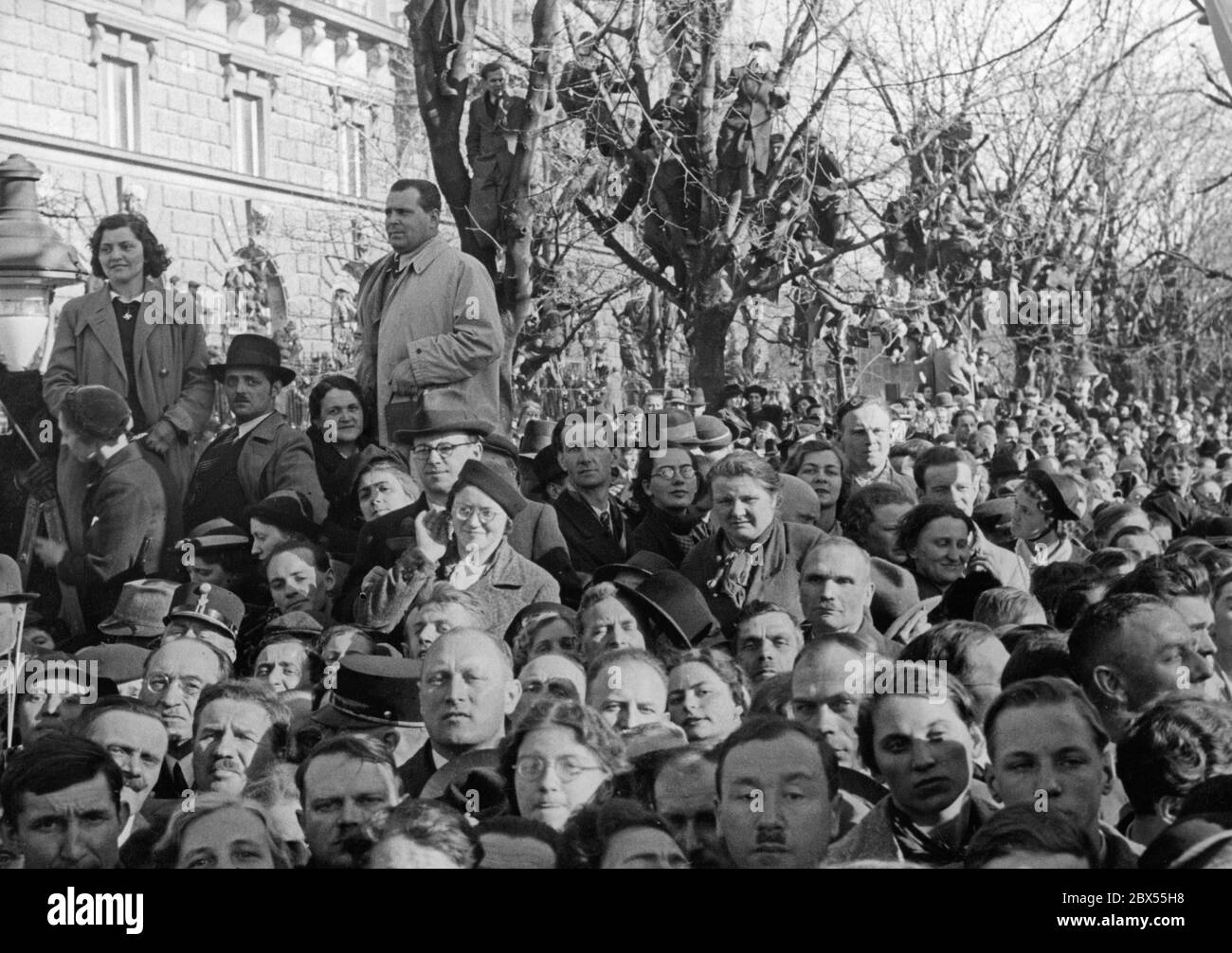 Zuschauer des Militärparade, der im Zuge der Annexion Österreichs an das Deutsche Reich auf dem Heldenplatz in Wien stattfindet. Stockfoto