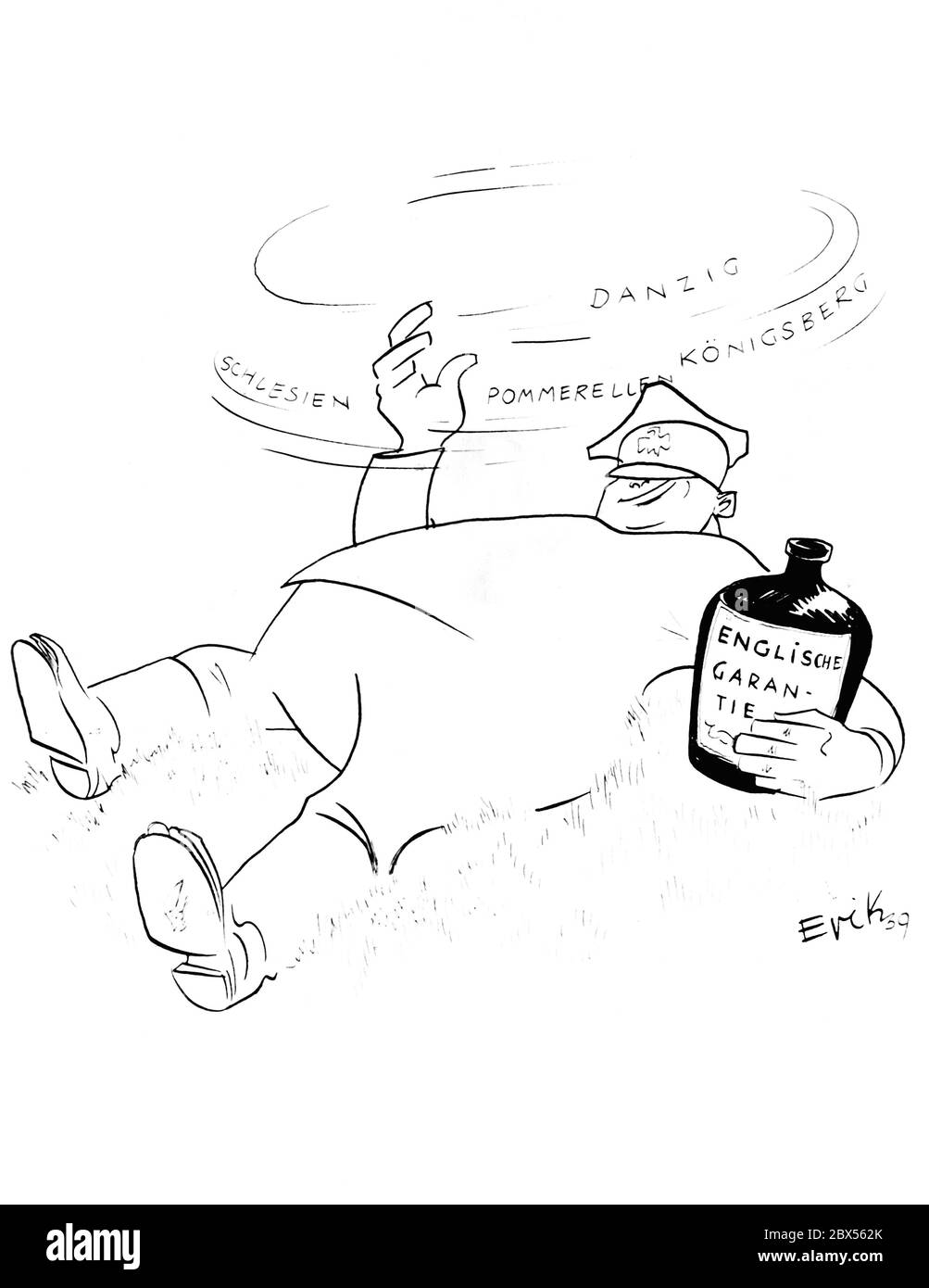 Eine Karikatur von Erik zeigt einen polnischen Soldaten, betrunken, der von Danzig, Pommern, Königsberg und Schlesien träumt, aus einer Flasche mit der Aufschrift "Englische Garantie". Stockfoto