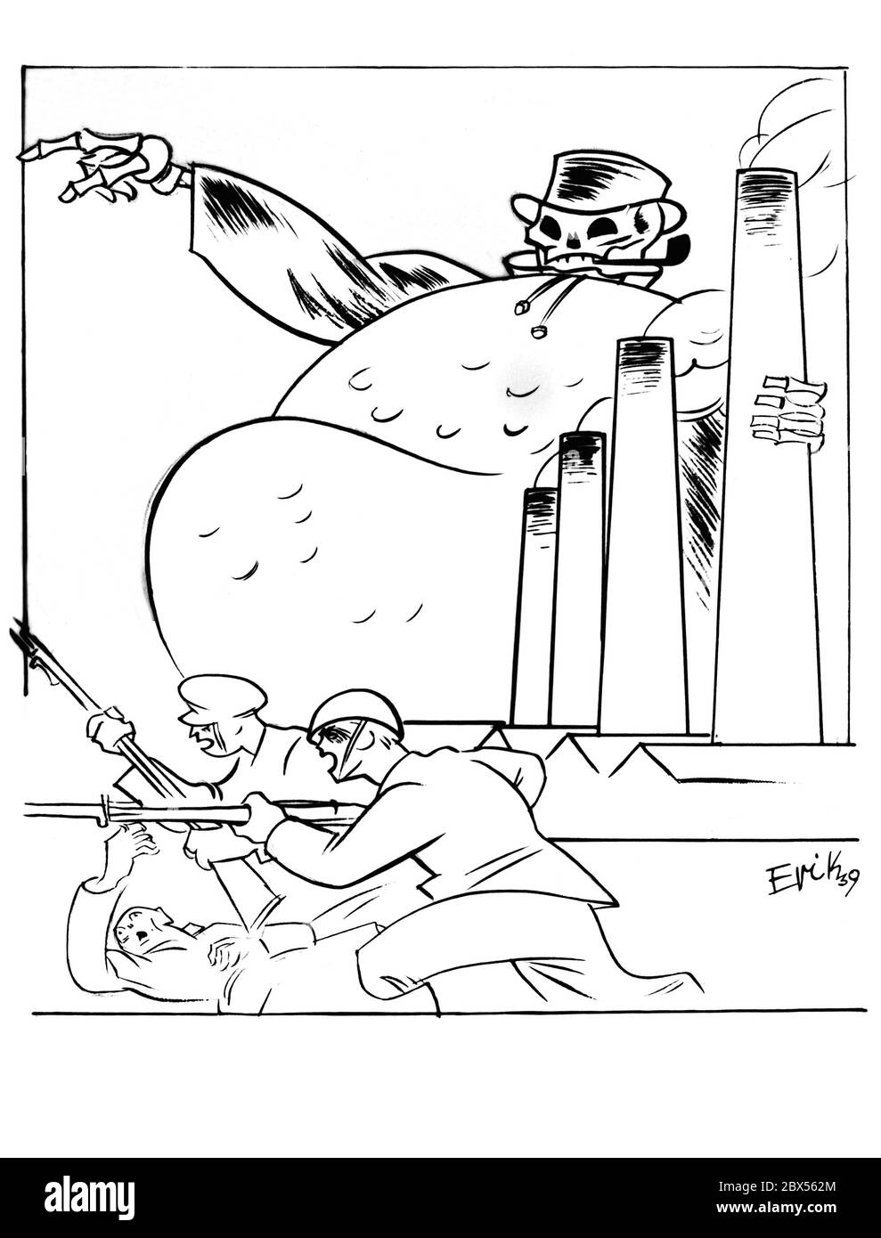 Ein Cartoon von Erik zeigt die 'mürrische' englische Rüstungsindustrie: 'Vorwärts, Jungs, es ist süß und ehrenhaft, für unsere Dividenden zu sterben!' Stockfoto