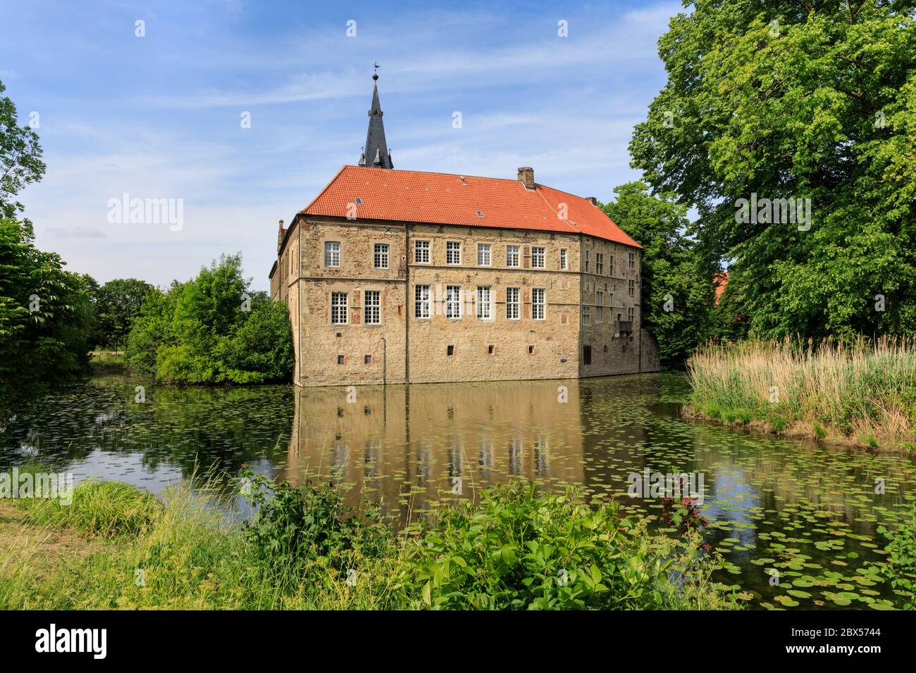 Schloss Lüdinghausen, Burg Lüdinghausen, Außenfassade des Renaissancegebäudes mit Wassergraben, Landkreis Coesfeld, NRW, Deutschland Stockfoto