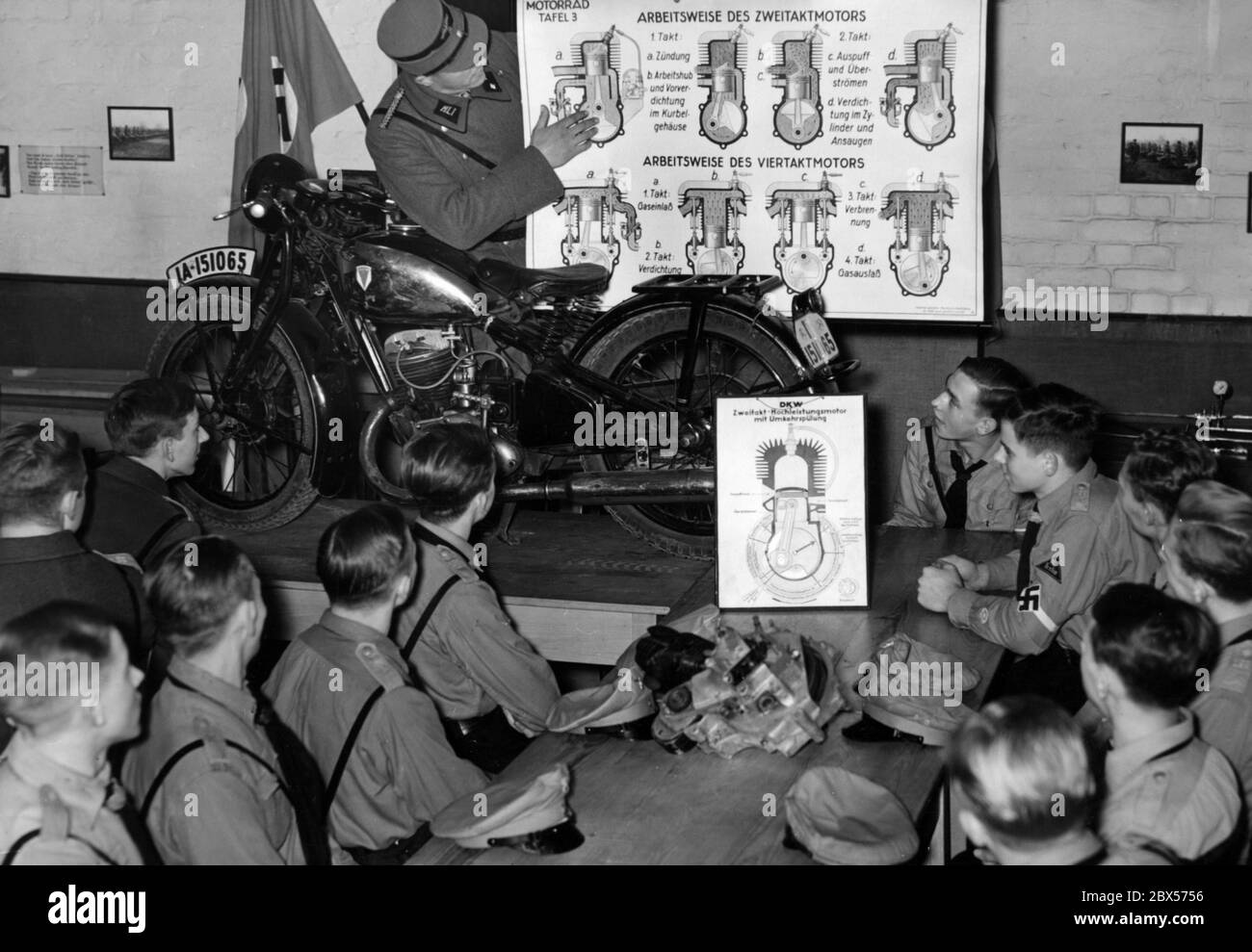 Mitglieder der Hitlerjugend während einer theoretischen Lektion über den technischen Bau eines Motors. Im Klassenzimmer von NSKK Lichterfelde hört jeder zu, während der Instruktor die Technik an einem Board erklärt. Auf dem Tisch vor dem Board befindet sich ein DKW SB 200A Motorrad. Stockfoto