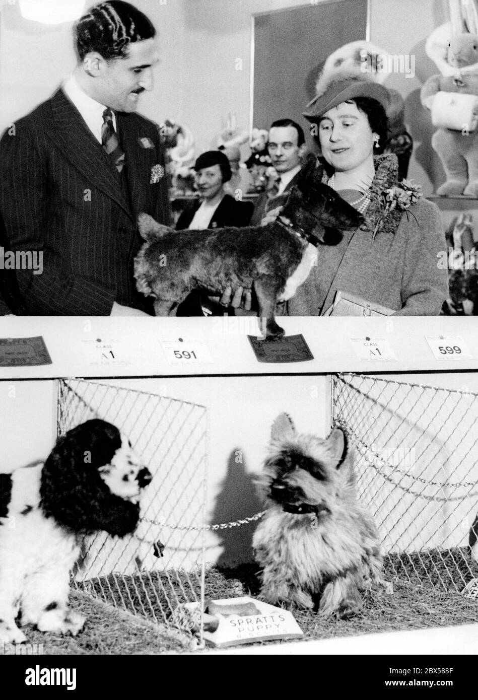 Queen Elizabeth inspiziert einen Spielzeughund der Rasse Corgi auf der 'Toy Crufts' bei der Olympiade der British Industries Fair. Stockfoto