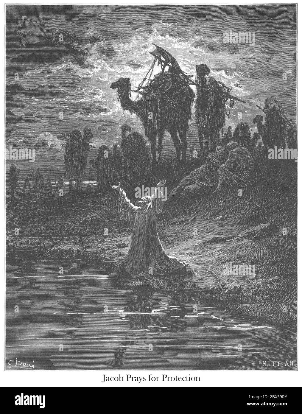 Das Gebet Jakobs (oder Jakobs Gebet um Schutz) 1. Mose 32:11 aus dem Buch 'Bibelgalerie' illustriert von Gustave Dore mit Erinnerungen an Doré und beschreibende Buchpresse von Talbot W. Chambers D.D. Herausgegeben von Cassell & Company Limited in London und gleichzeitig von Mame in Tours, Frankreich im Jahr 1866 Stockfoto