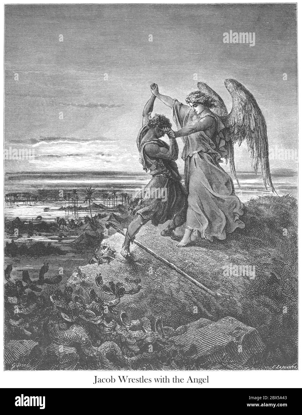 Jacob Wrestling mit dem Engel Genesis 32:24 aus dem Buch 'Bible Gallery' illustriert von Gustave Dore mit Erinnerungen von Doré und beschreibende Buchpresse von Talbot W. Chambers D.D. Herausgegeben von Cassell & Company Limited in London und gleichzeitig von Mame in Tours, Frankreich im Jahr 1866 Stockfoto